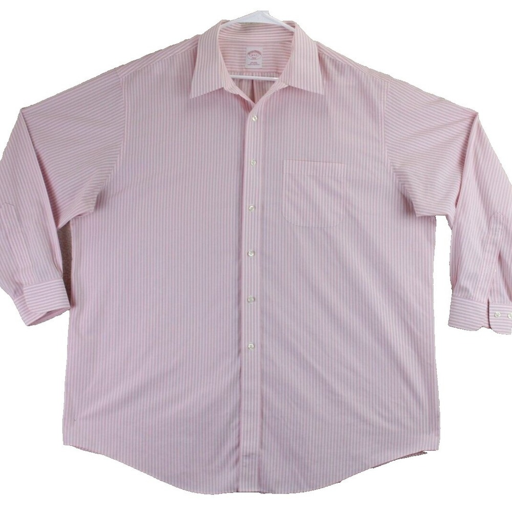 Brooks Brothers 346 Mens Non Iron Pink Stripe‎ Dress Shirt Button Down Sz 18 4/5